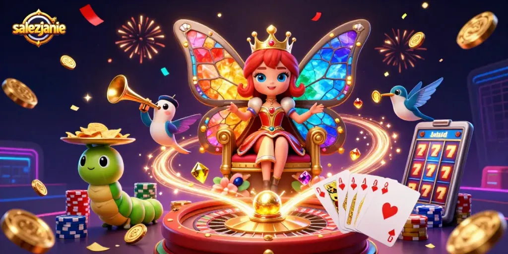 Salezjanie w kolorowej ilustracji 3D z motylową królową i emocjonującymi elementami kasyna.
