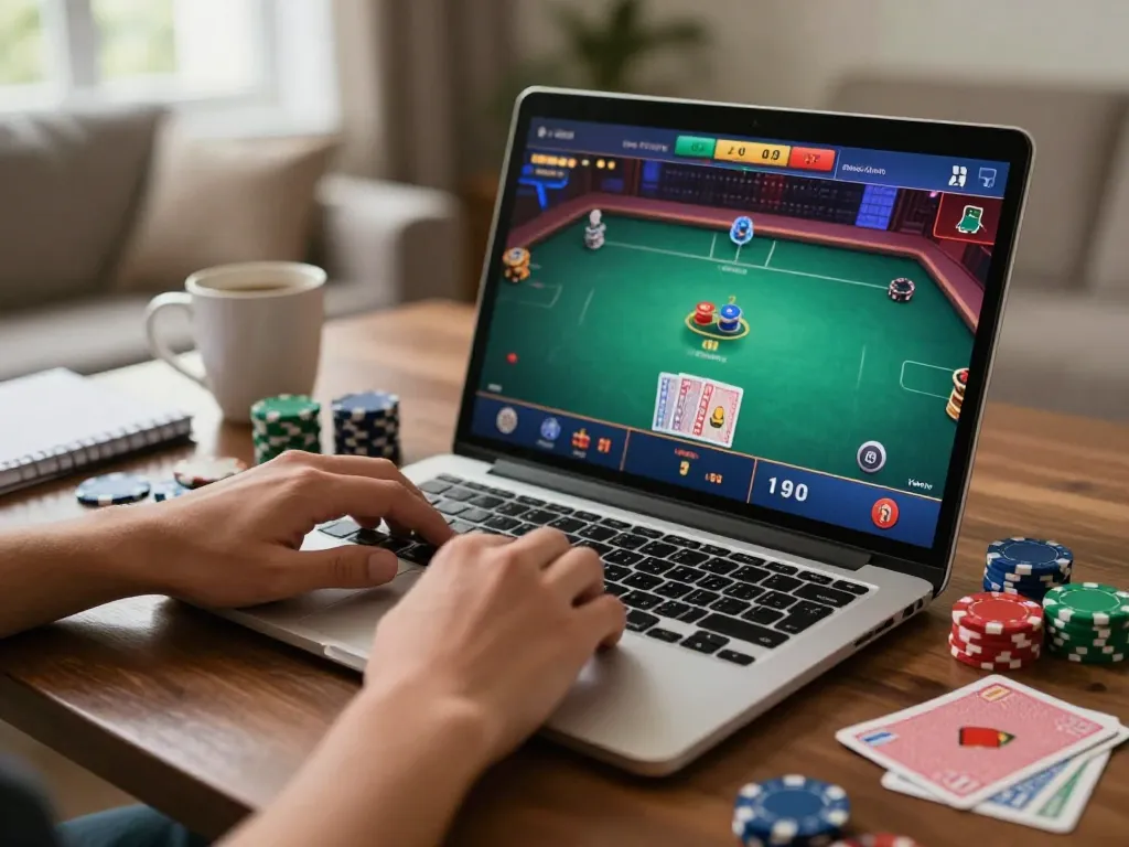 Engaging online poker session on laptop with strategic planning at home featuring TG88.