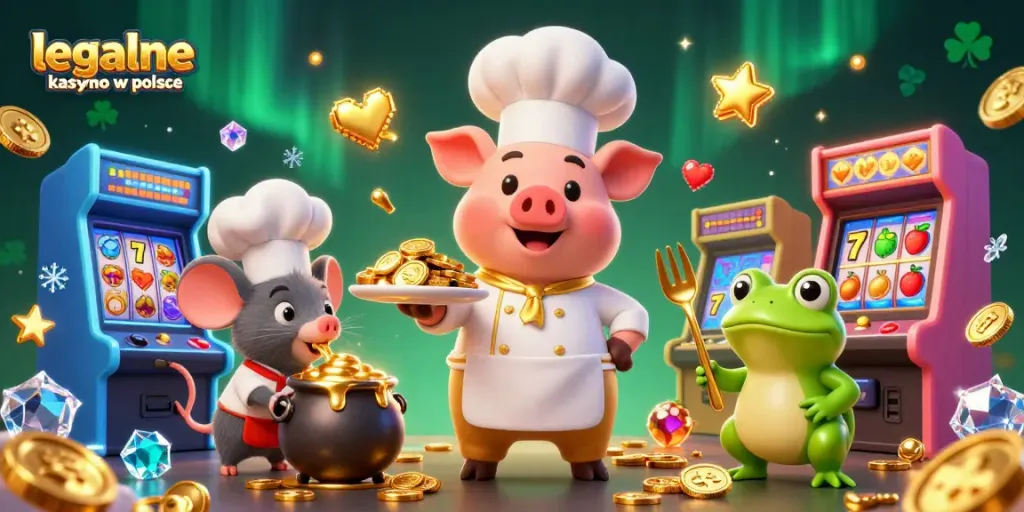 Engage with the excitement of legalne kasyno w polsce, showcasing a cartoon chef pig and vibrant game elements!