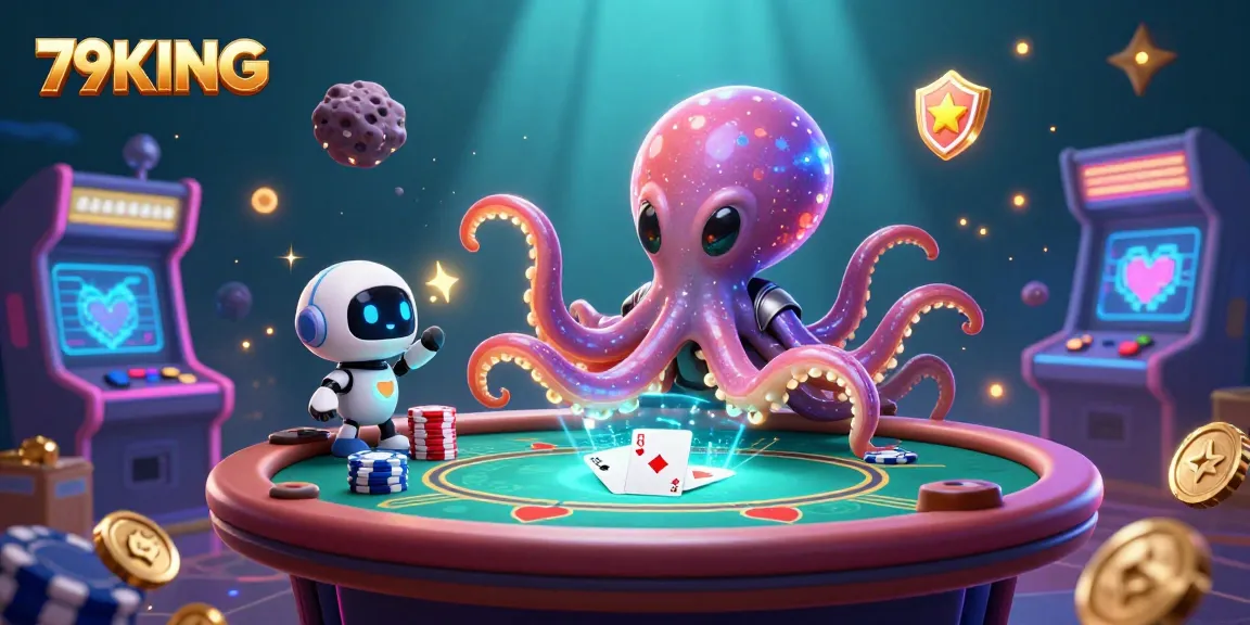 Engage with 79KING at a vibrant intergalactic poker table, featuring an alien octopus and dynamic game elements.