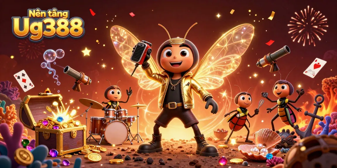 Experience the Nền tảng Ug388 with vibrant 3D characters amidst a burst of casino elements.