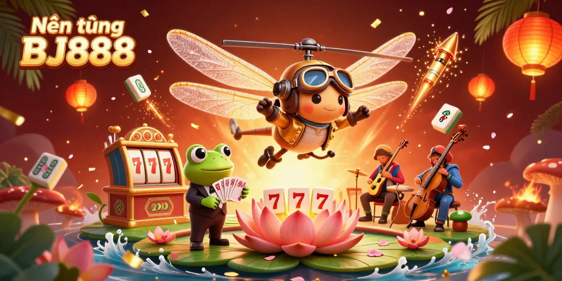 Nền tảng BJ888 features a vibrant casino scene with a dragonfly pilot and frog croupier engaging in games.