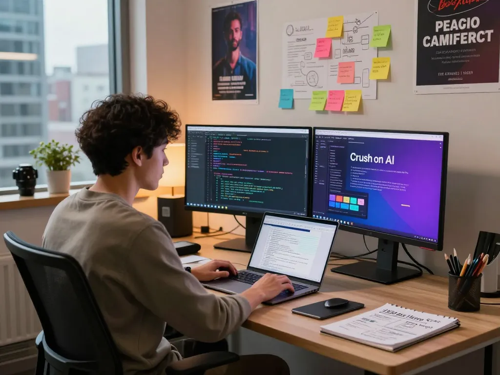 Developer using Crush on AI in a modern workspace with dual monitors and creative notes.