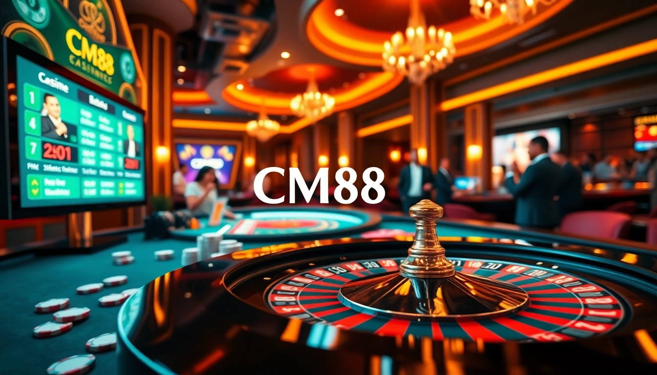 Experience the excitement of gambling at CM88 with vibrant casino elements like roulette tables and poker chips.