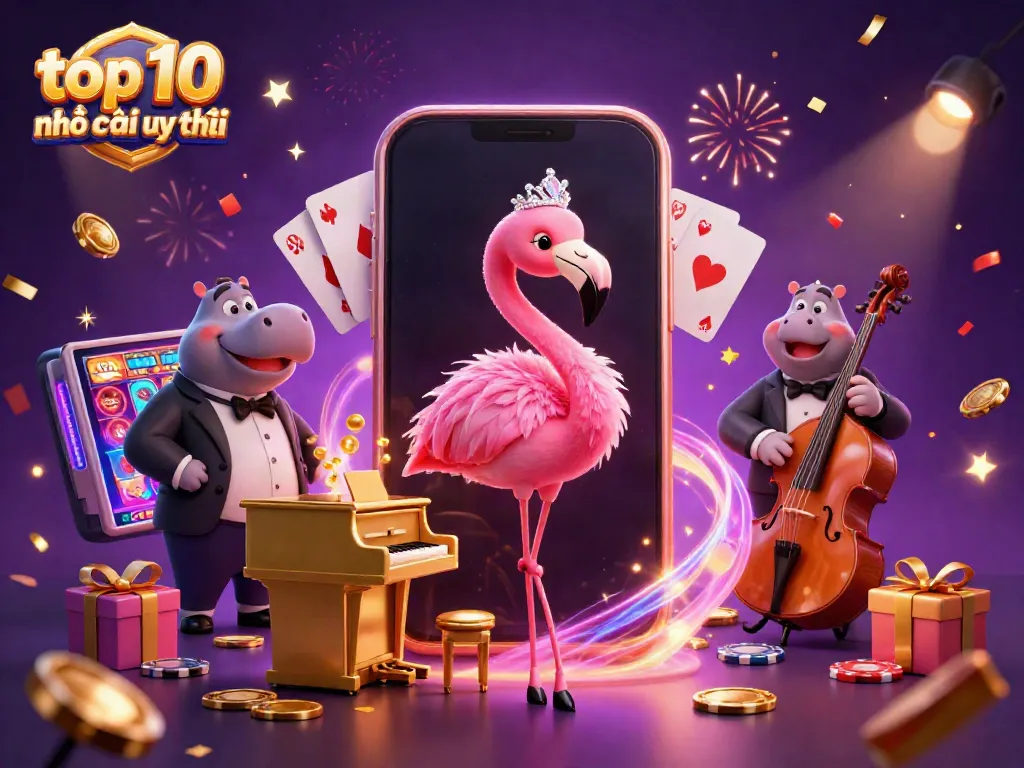 Experience the excitement of top 10 nhà cái uy tín with vibrant casino-themed 3D illustration featuring dynamic characters and gaming elements.