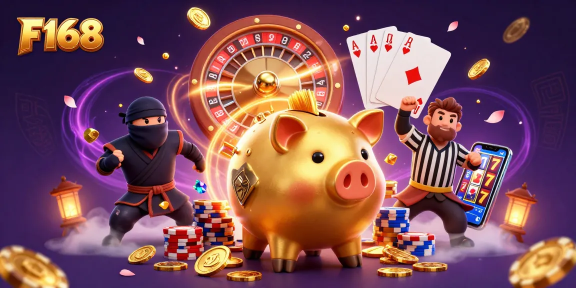 F168 casino illustration featuring a golden piggy bank sumo wrestler surrounded by coins, cards, and vibrant casino elements.
