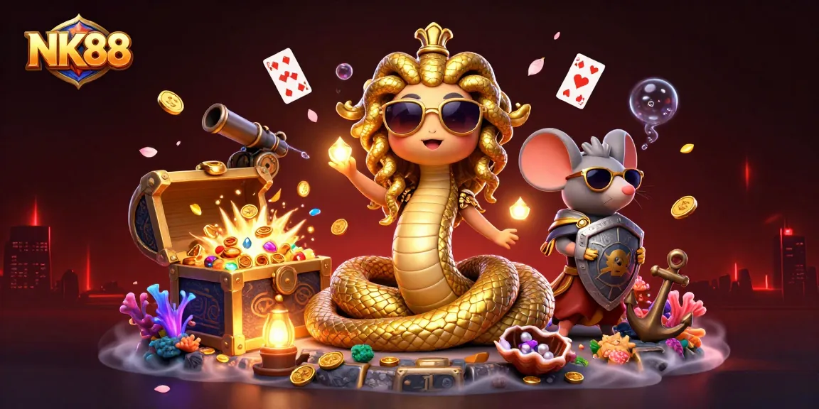 Play and win at NK88 with Medusa and her friendly warrior mouse in a rich casino adventure.