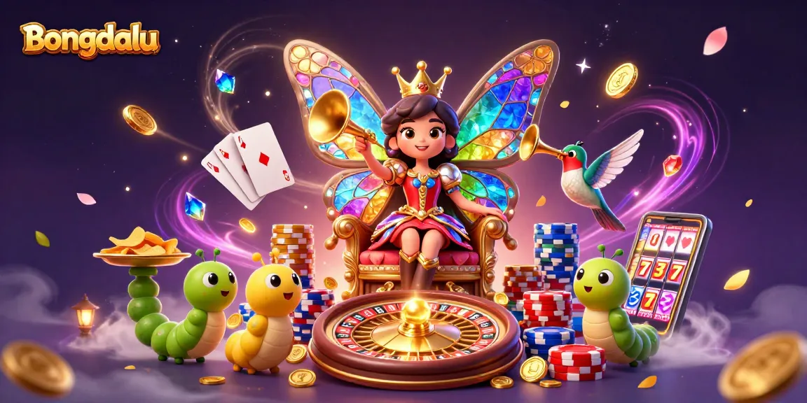 Bongdalu showcases a vibrant 3D scene with casino elements, featuring a butterfly queen and festive decorations.