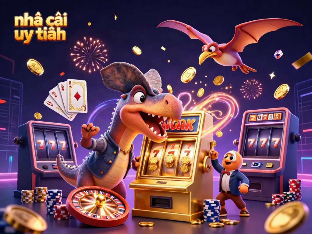 Experience the excitement of nhà cái uy tín with a pachycephalosaurus winning jackpots amidst falling golden coins and casino elements.