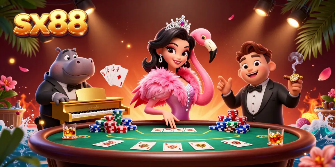 Sx88 gamblers enjoying an energetic casino ambiance with poker elements and vibrant characters.