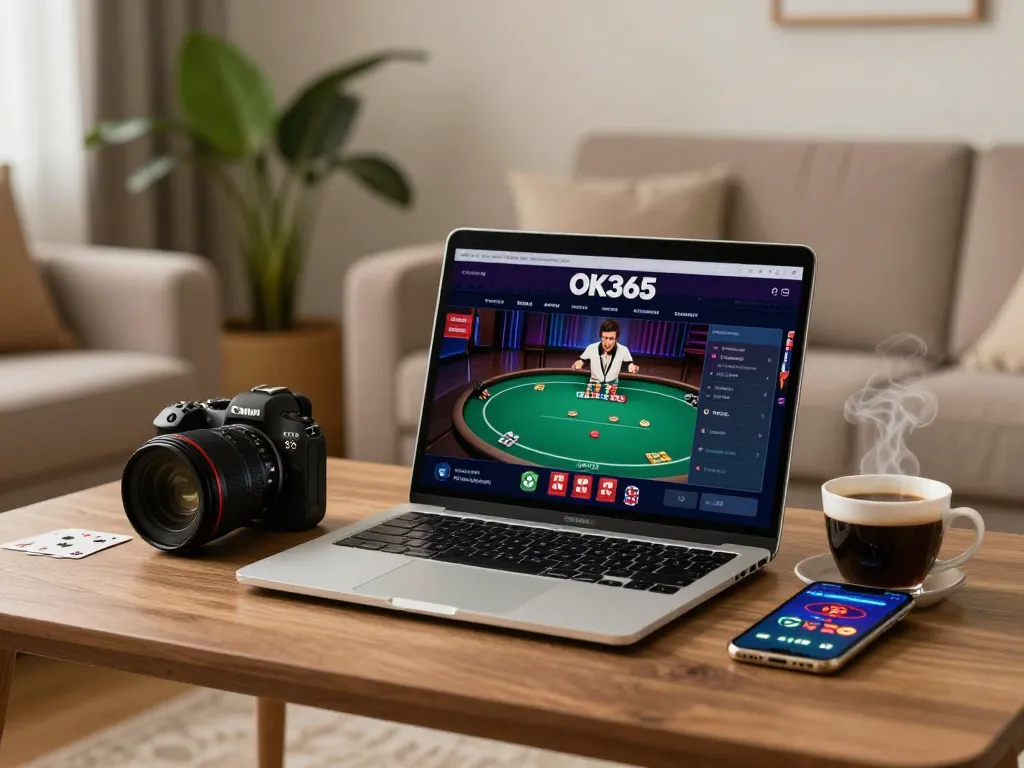 Engage with OK365 poker gameplay on a modern laptop, with strategic notes nearby.