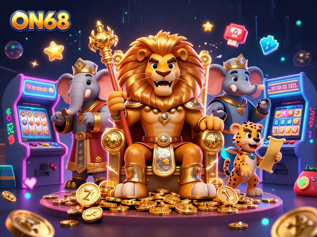 Engage in thrilling gameplay at ON68 with colorful arcade machines and a lion king on a gold throne.