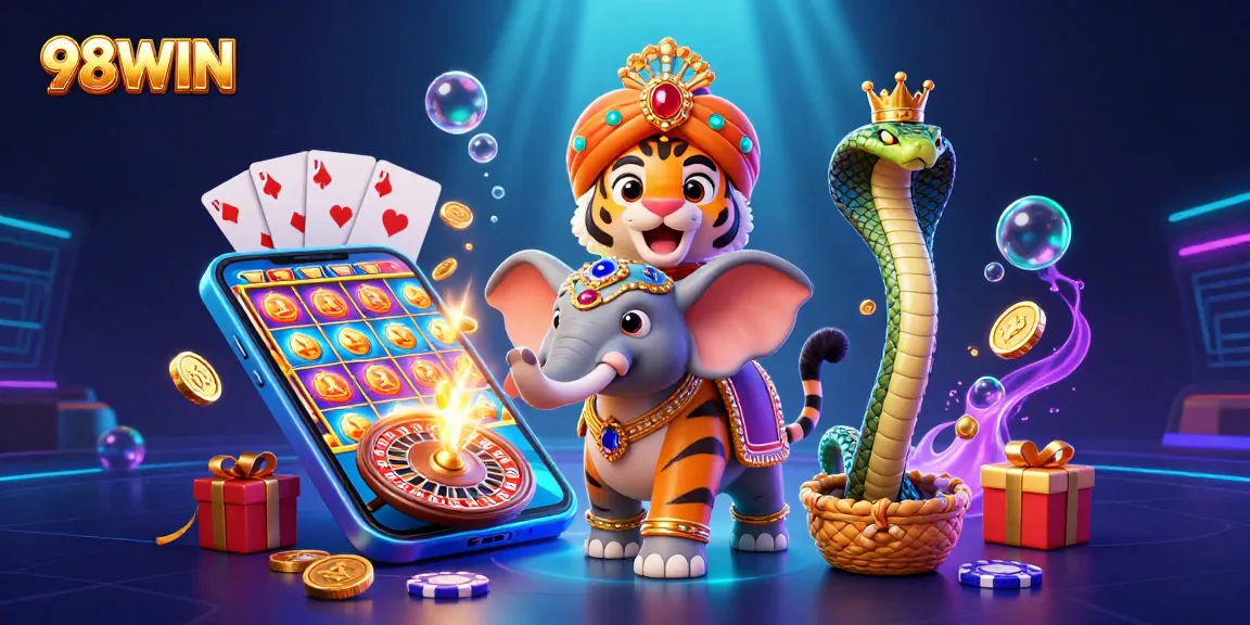 Experience the thrill of 98WIN with vibrant 3D characters and exciting gambling elements.