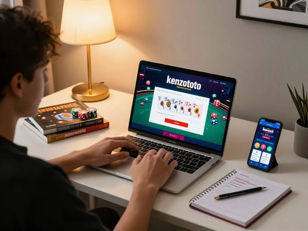 Engaging setup for kenzototo login with poker game on laptop and strategy notes nearby.
