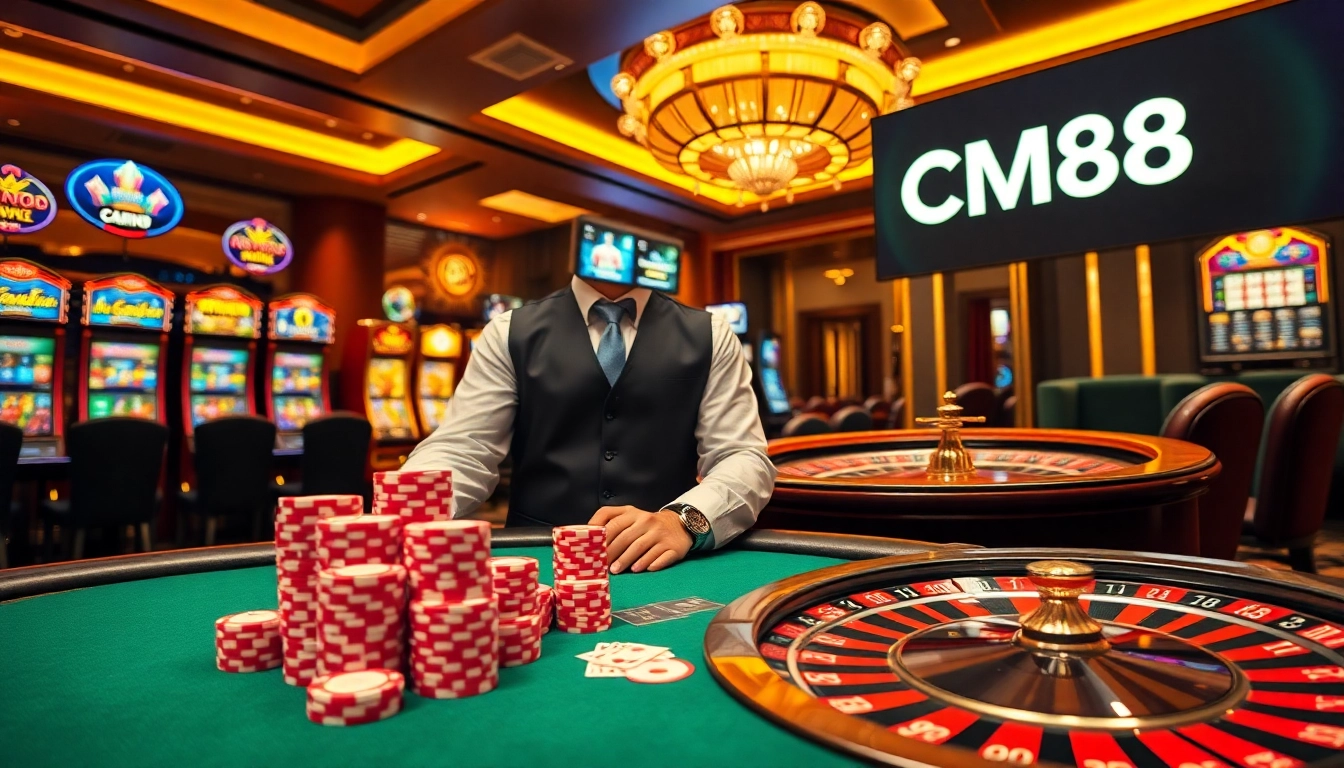 Experience the thrill of winning with CM88 at the poker table amidst dazzling casino lights.