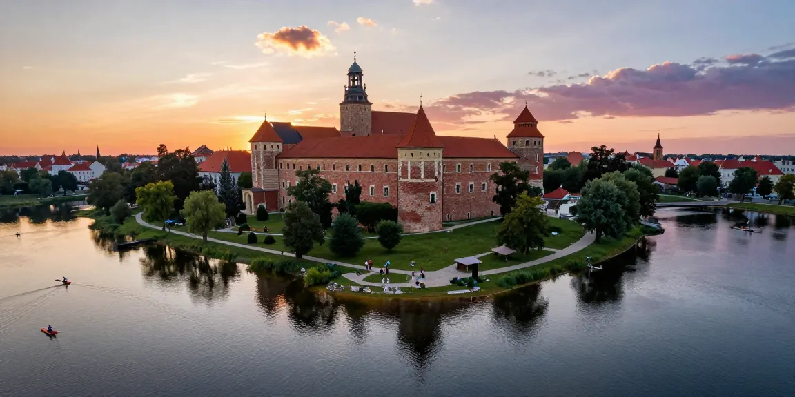 Zdjęcia z drona Olsztyn ukazujące malowniczy zamek i piękne jezioro o zachodzie słońca.