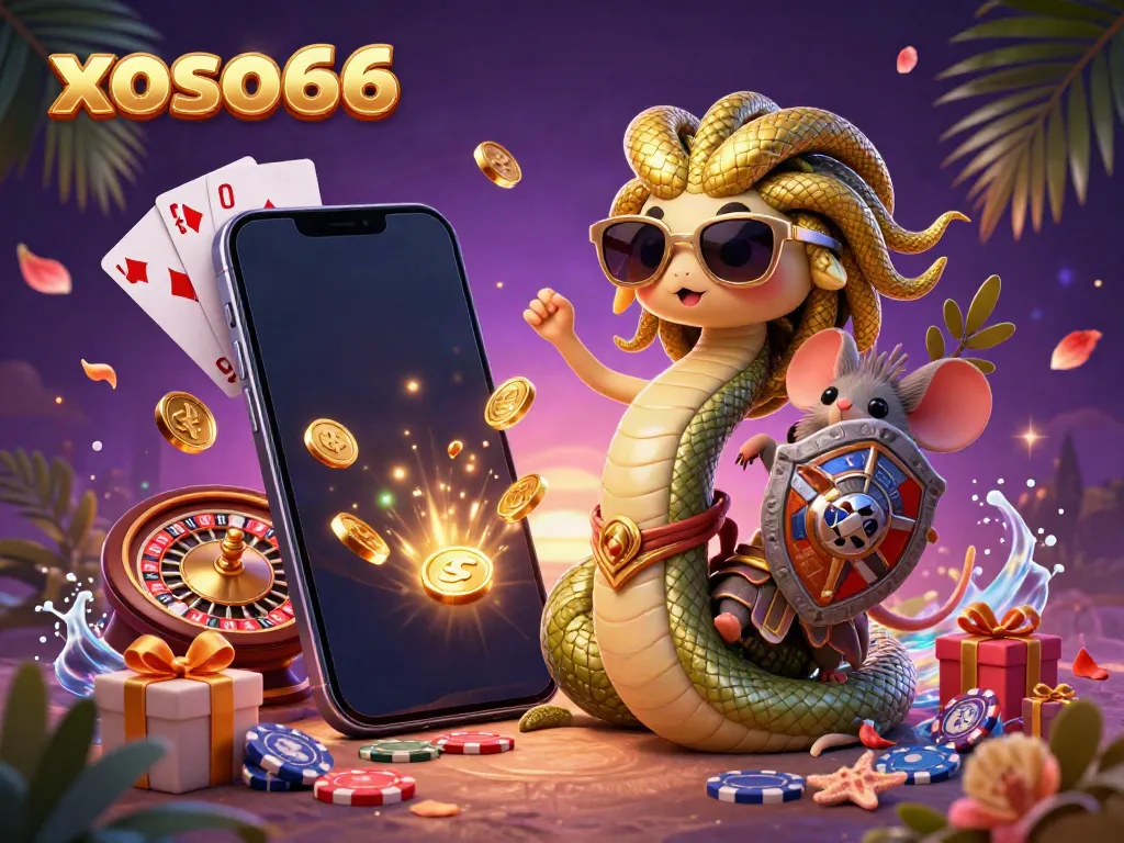 Experience the thrill of xoso66's vibrant gaming scene featuring cute characters and exciting casino elements.