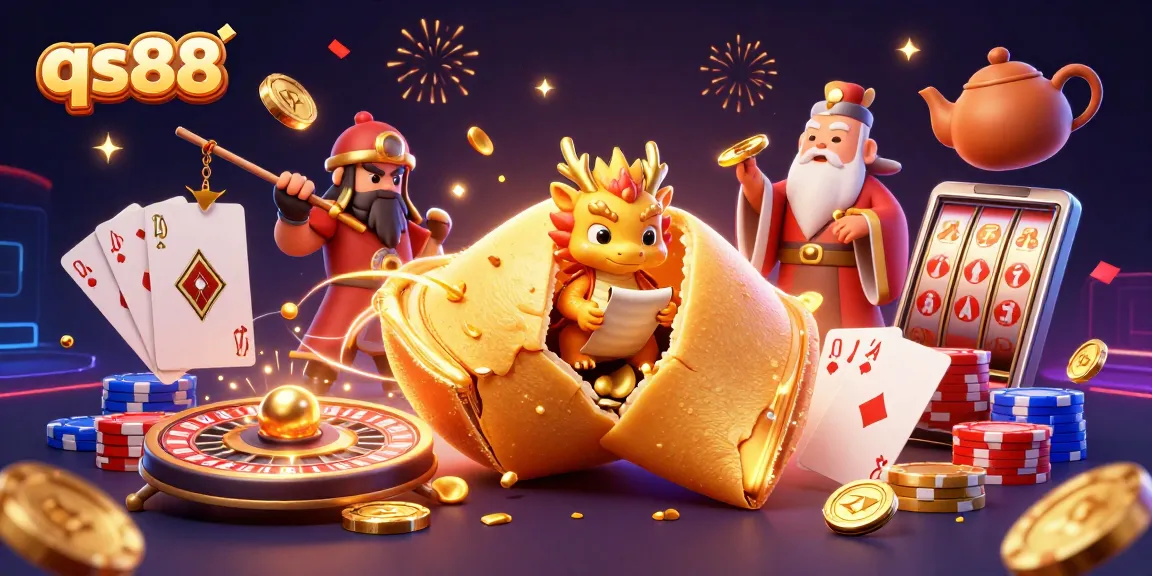 Reveal your fortunes with qs88 in a vibrant 3D casino scene featuring a golden fortune cookie and dazzling casino elements.