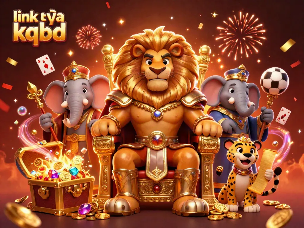 Experience link vào kqbd with an engaging scene featuring a regal lion, wise elephant, and swift cheetah amidst gold treasure.