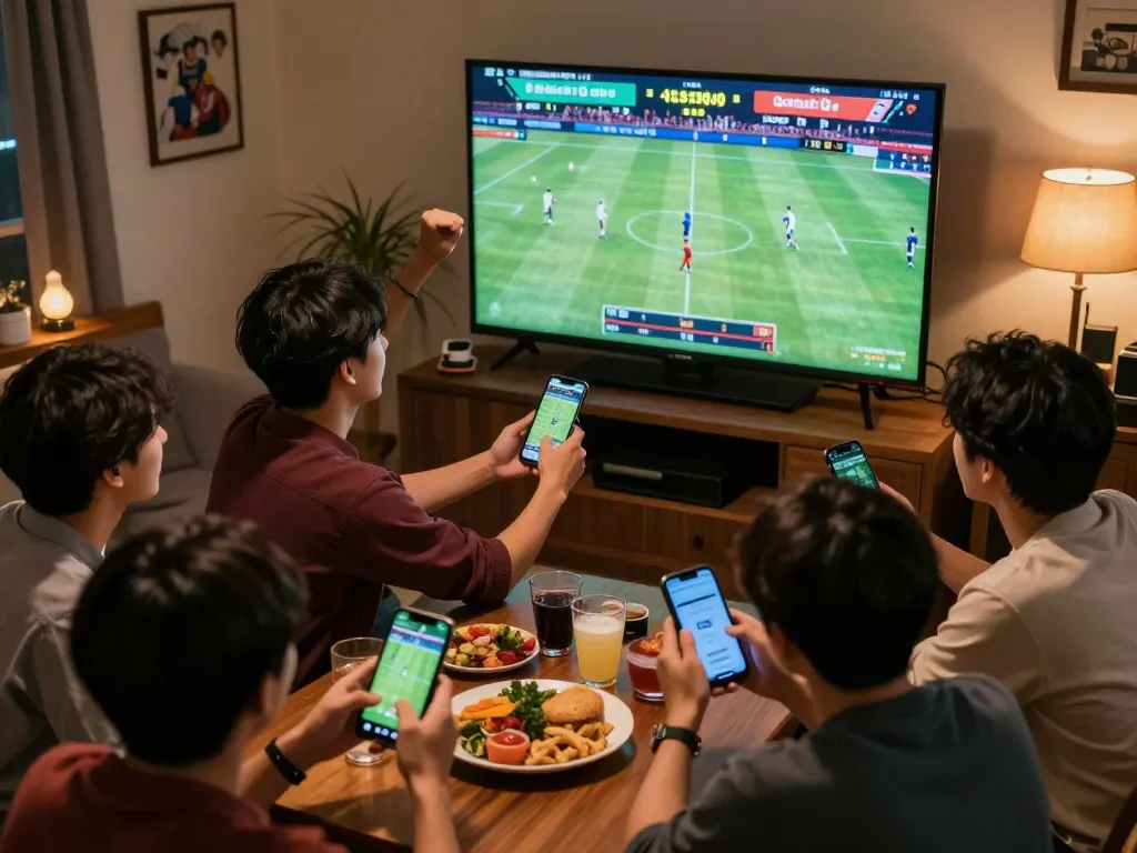 Engaging sports betting scene with friends enjoying live events, showcasing nhà cái QQ88's interactive betting experience.