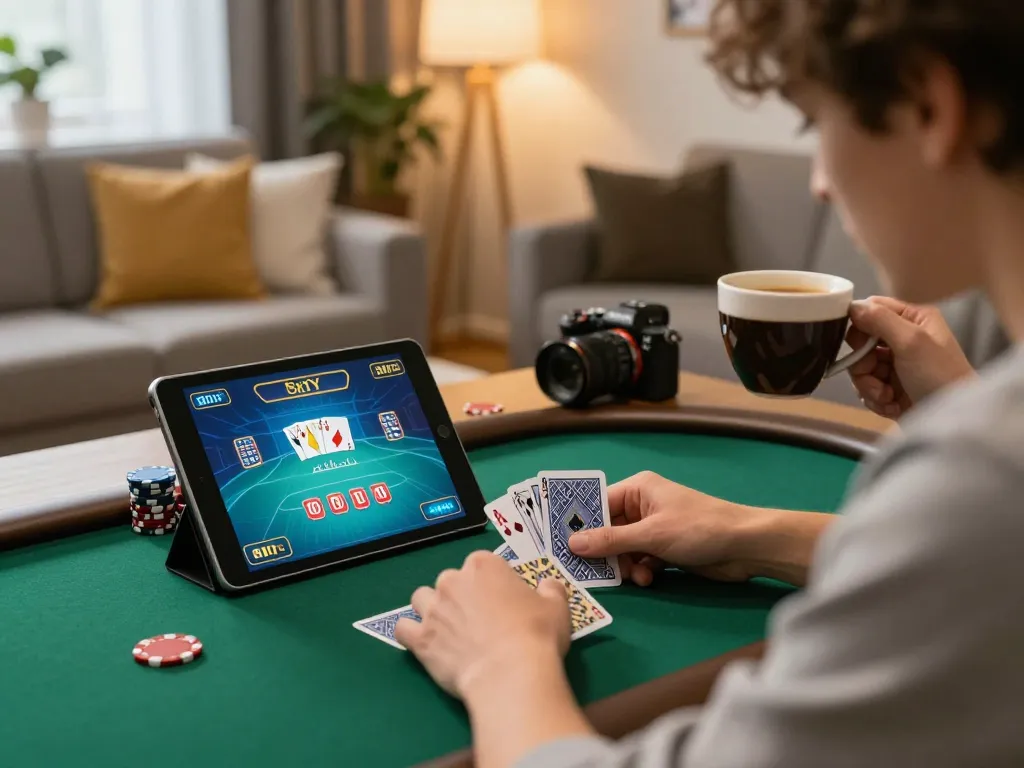 Player enjoying go8 online poker game on tablet in a cozy living room setting