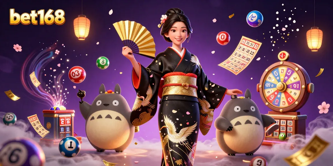 bet168 enhances the gaming experience with vibrant lottery elements and an elegant Asian woman