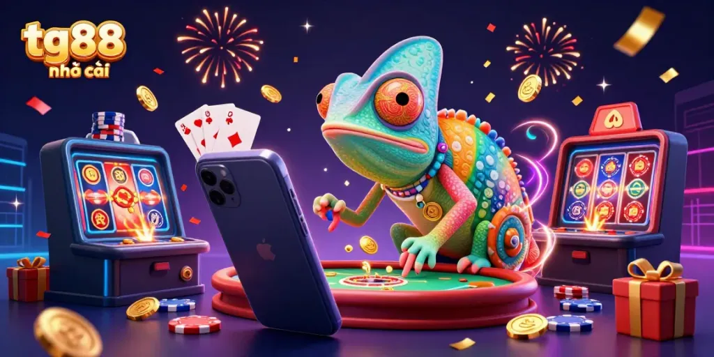 Play and win at tg88 nhà cái with a colorful gaming scene featuring a chameleon casino owner among vibrant slots and poker