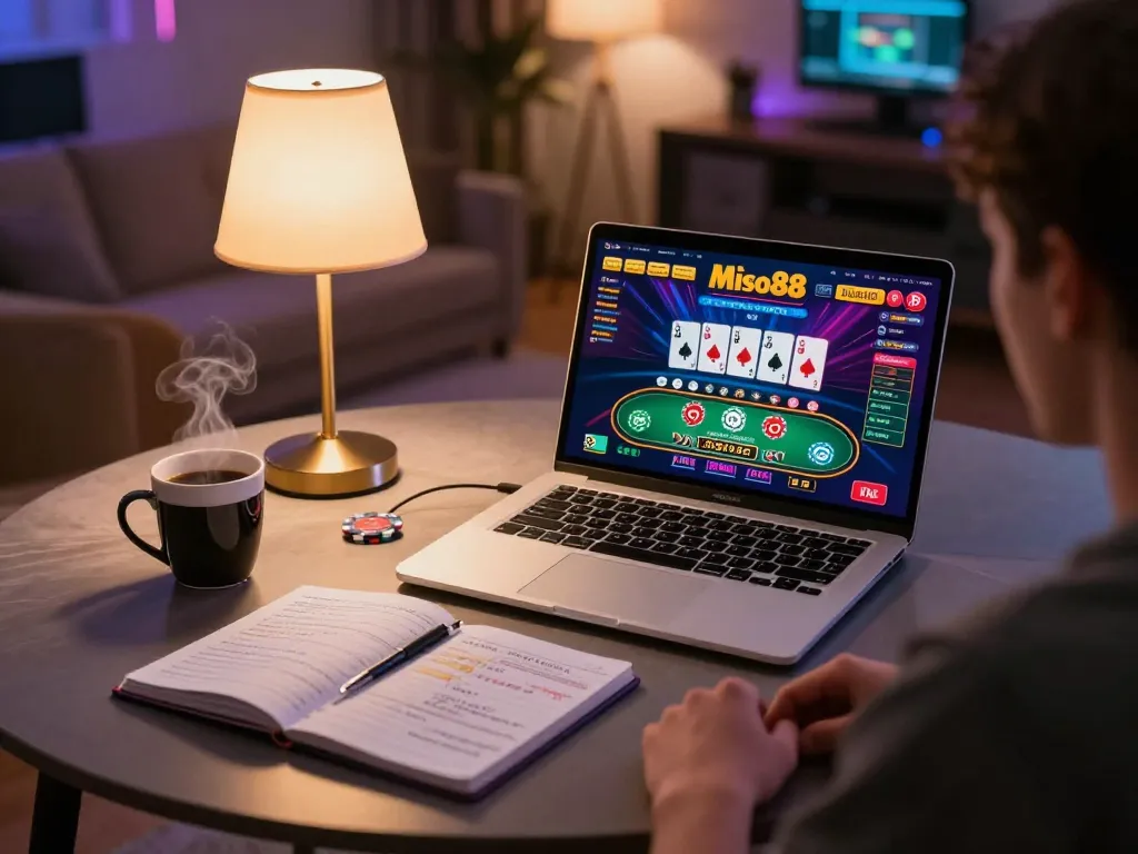 Miso88 user engaging in strategic online betting at home with laptop and notes.