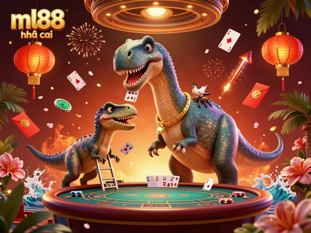 Engage with the exciting atmosphere of ml88 nhà cái featuring a dinosaur poker scene.
