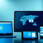 快连官网 - A modern digital workspace showcasing multiple devices connected securely to a global network.