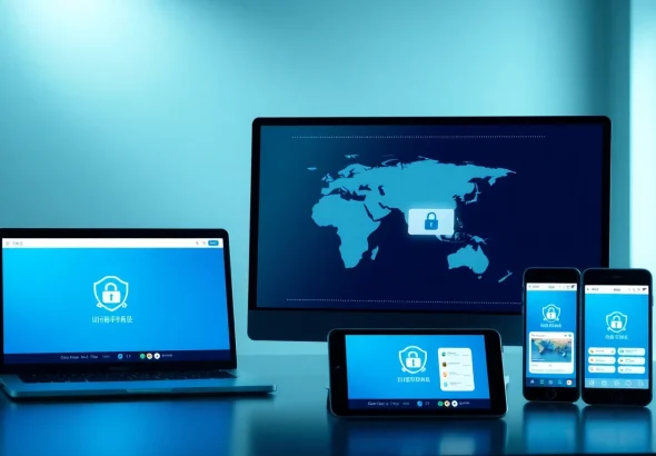 快连官网 - A modern digital workspace showcasing multiple devices connected securely to a global network.