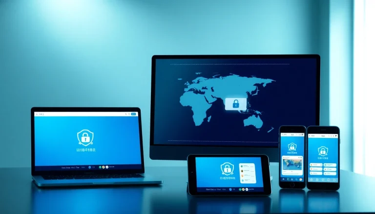 快连官网 - A modern digital workspace showcasing multiple devices connected securely to a global network.