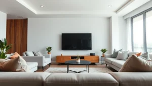 Podziwiaj telewizor 55 cali w nowoczesnym, stylowym salonie, który tworzy przytulną atmosferę.