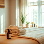 아로마테라피 오일과 아늑한 분위기가 있는 편안한 동탄출장마사지 세팅