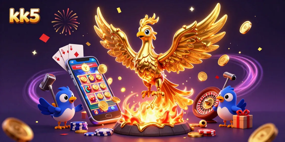 Experience the thrill of kk5 with dynamic gaming elements and celebratory effects in this 3D casino illustration.