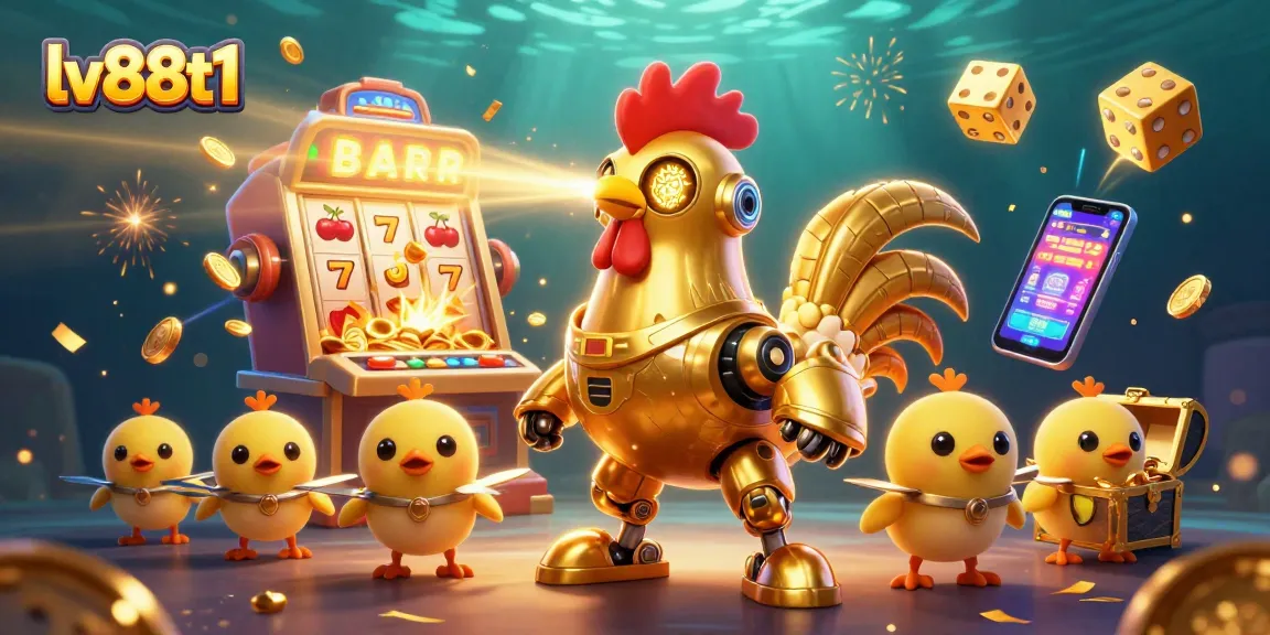 lv88t1 showcases a golden rooster robot amidst a vibrant casino explosion of jackpots and game elements.