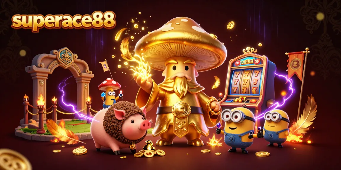 Win big at superace88 surrounded by a golden mushroom wizard, slot machines, and treasure