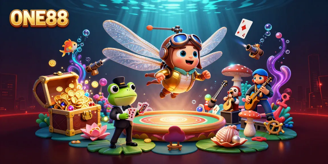 Experience thrilling gaming at ONE88 with vibrant underwater casino adventures featuring a frog croupier and dragonfly pilot.