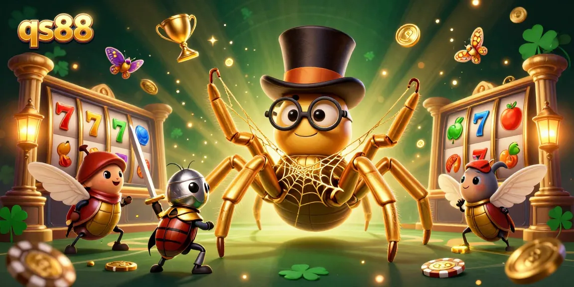 Engage in thrilling gameplay at qs88, showcasing a giant tarantula weaving golden webs amid vibrant casino elements.