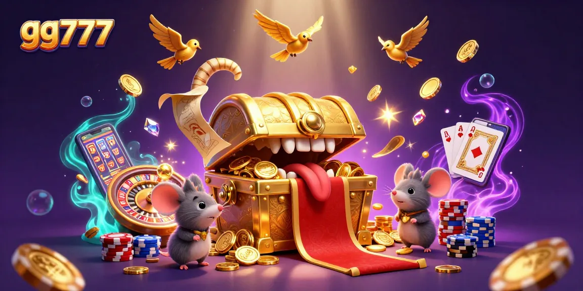 Adventurous mice being drawn to gg777 treasure chest in a magnificent casino-themed 3D scene