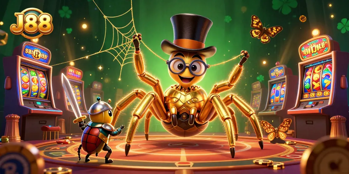 Experience excitement at J88 with vibrant slot machines and charming characters in a dynamic casino scene.