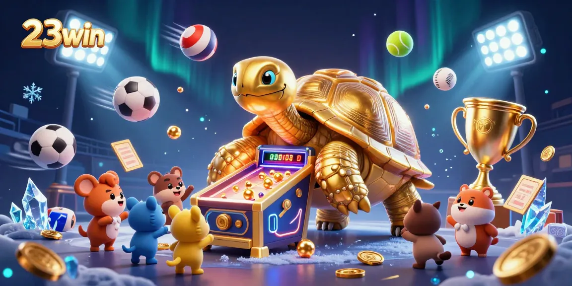 Experience the dynamic gaming world of 23win with thrilling sports, golden trophies, and vibrant animation.