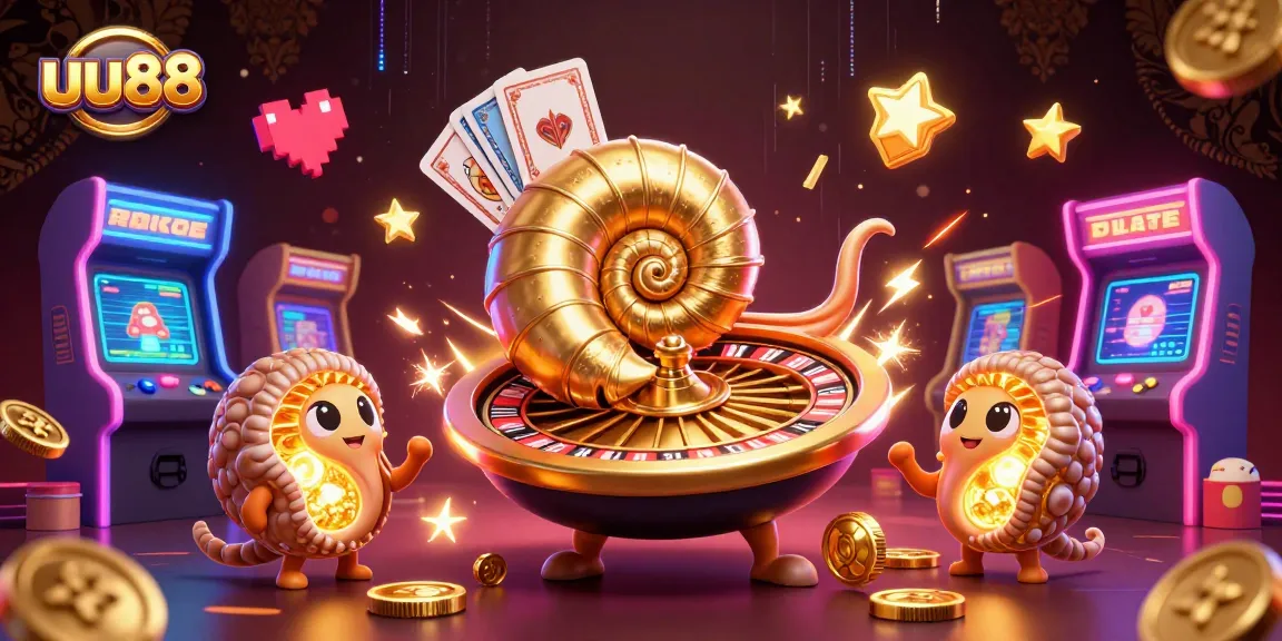 Engage in fun and excitement at uu88, showcasing a giant nautilus as a roulette wheel among vibrant arcade themes.