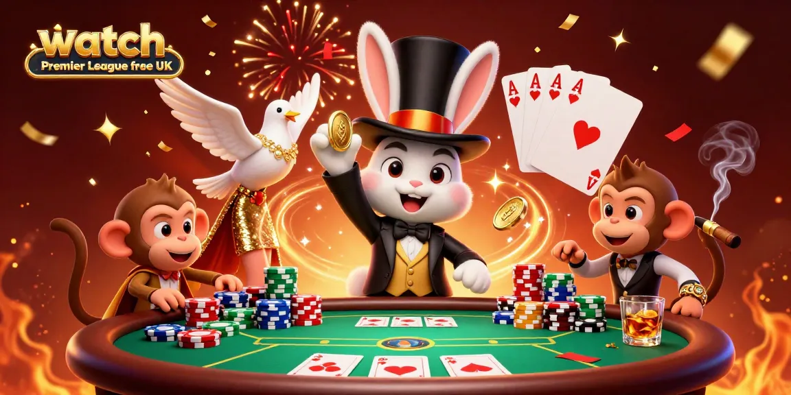 Watch Premier League free UK with energetic 3D illustration of a magician, assistant, and chip thief surrounded by poker elements.