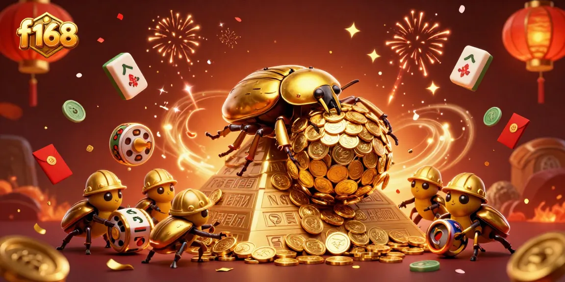 Engage in thrilling casino action with f168 featuring a golden dung beetle and vibrant gaming elements.