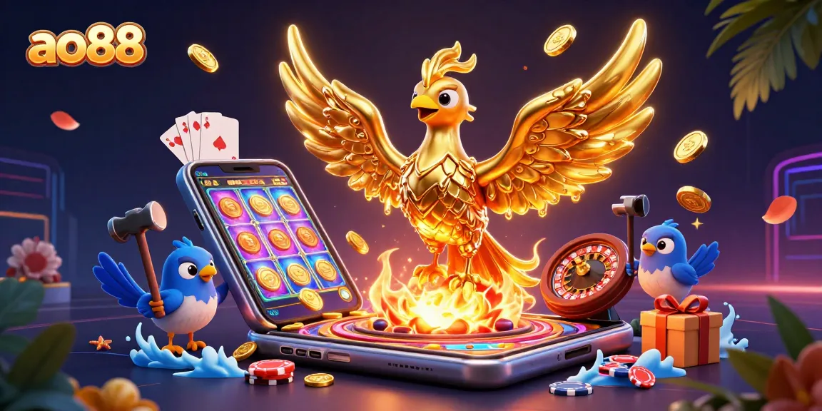 Play exciting games at ao88, featuring a golden phoenix and dynamic slot game elements.
