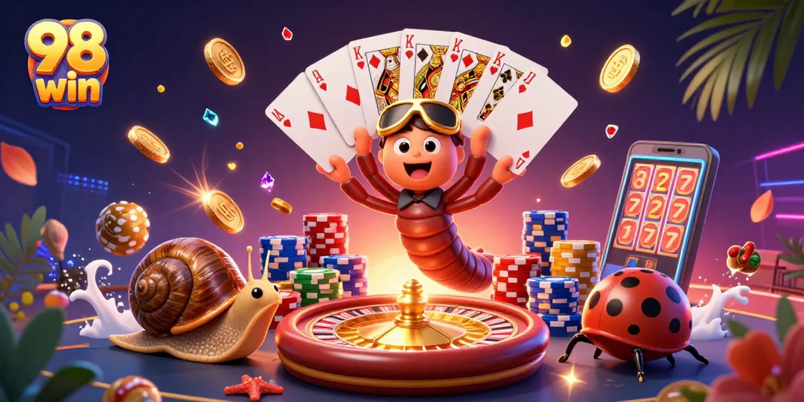 Experience winning excitement with 98 win's dynamic casino scene featuring a cartoon millipede dealer.
