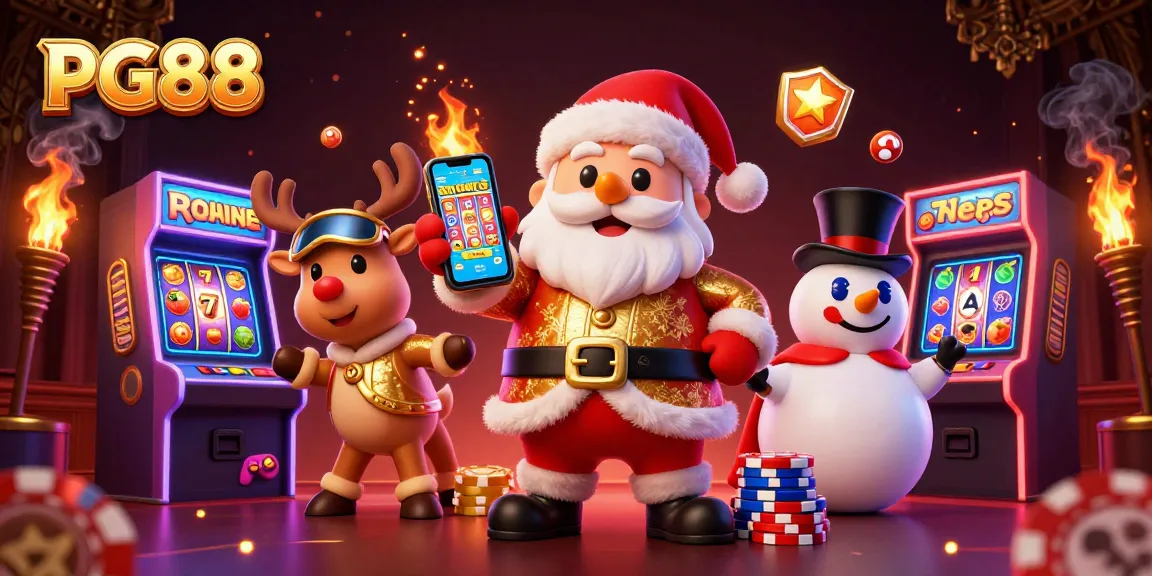Play exciting slot games with PG88 featuring a festive casino scene with Santa, reindeer, and a snowman.