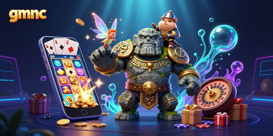Watch gmnc come alive with a stone golem and fairy magic in this vibrant casino adventure illustration.