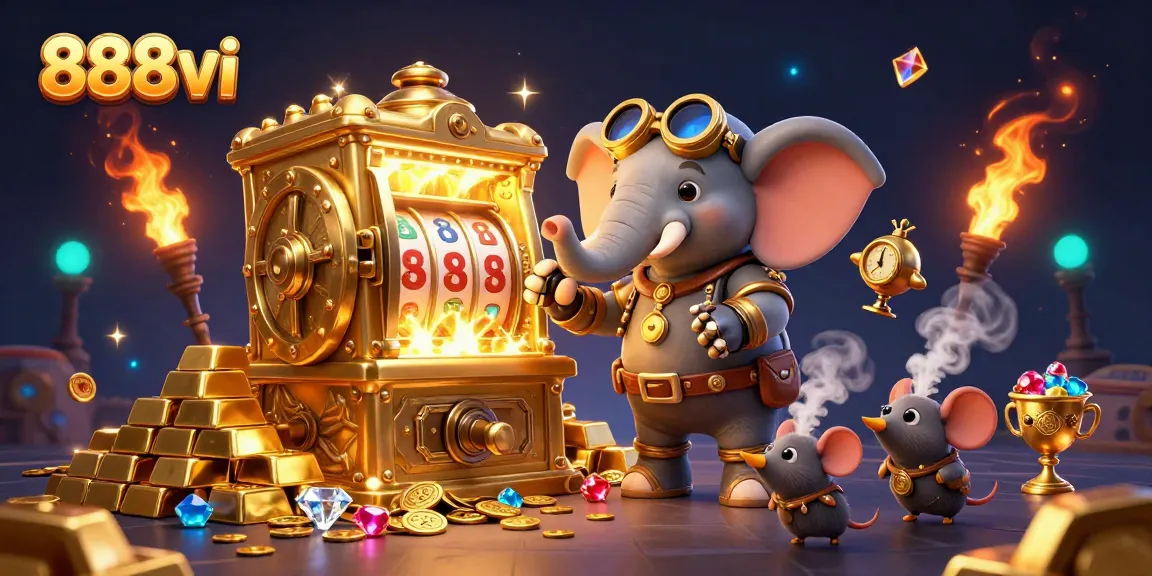 Experience the excitement of 888vi with a dynamic steampunk slot machine illustration filled with gold and jewels.